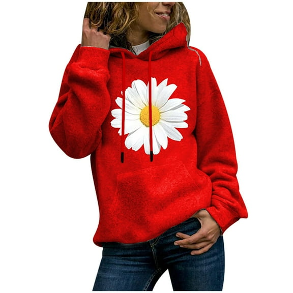Dyegold Hooded Sweatshirt For Women Winter Jacket Plus Size Graphic Casual Teen Girls Pullover Hooded Daisy Printed Hoodie Athletic Fleece Outfits Loose Ladies Oversized Sweatshirt