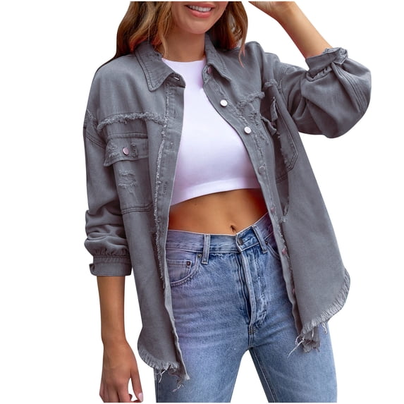 Dyegold Jean Jackets For Women Ripped Distressed Lapel Long Sleeve Button Down Denim Jacket Frayed Washed Boyfriend Coats