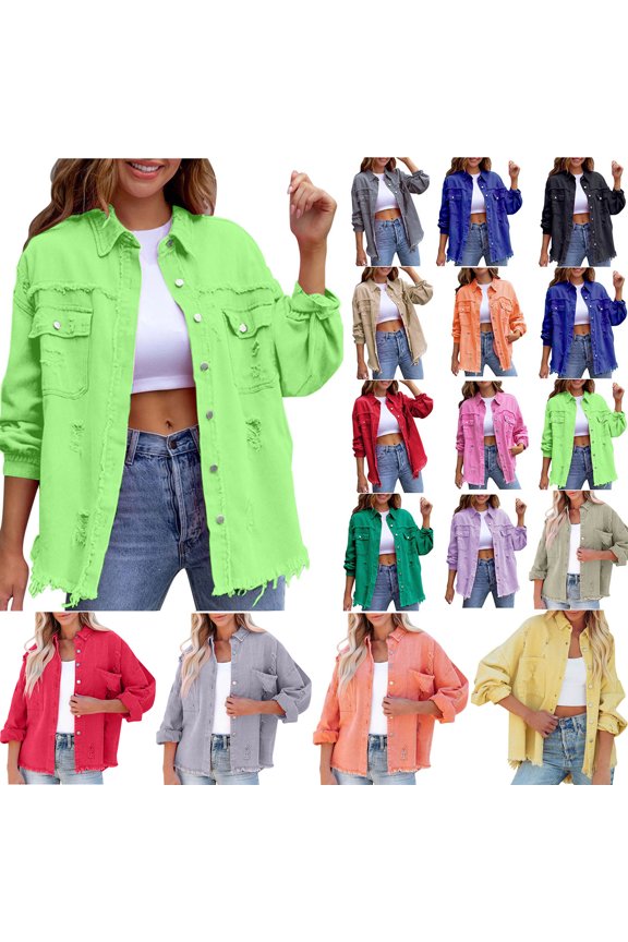 Dyegold Jean Jackets For Women Ripped Distressed Lapel Long Sleeve Button Down Denim Jacket Frayed Washed Boyfriend Coats