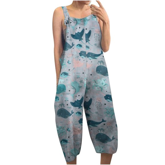 Dyegold Jumpsuits for Women Casual, Cute Jumpsuits for Women Cute Dolphin Print Pocket Summer Fashion Playsuit Long Pants Sleeveless ​Square Neck ​Rompers Black_Friday