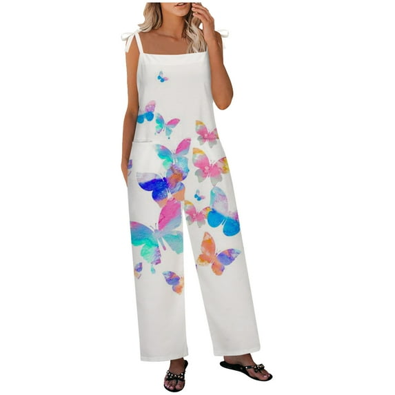 Dyegold Jumpsuits for Women Casual, Dressy Jumpsuits for Women Fashion Comfy Summer Trousers Feather Print Loose Square Neck Sleeveless Rompers Overalls