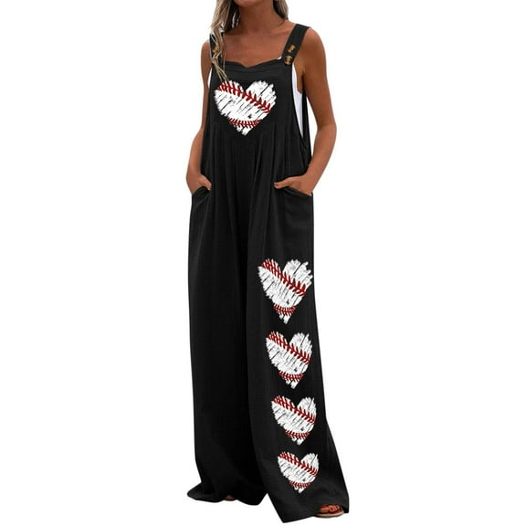 Dyegold Jumpsuits for Women Casual, Flowy Jumpsuits for Women Heart Baseball Print Fashion Baggy Loose Playsuit Overalls Sleeveless ​Square Neck ​Rompers Black_Friday