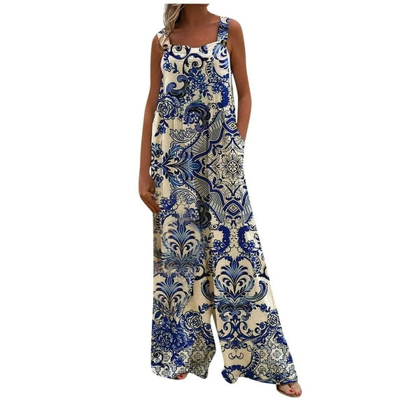 Dyegold Jumpsuits for Women Casual, Jumpsuit Rompers for Women Casual Boho Wild Leg Overalls Floral Print Square Neck Sleeveless Spaghetti Strap Rompers