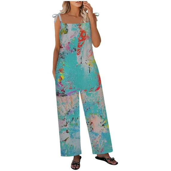 Dyegold Jumpsuits for Women Casual, Jumpsuit Rompers for Women Fashion Comfy Summer Playsuit Loose Floral Print Square Neck Sleeveless Rompers Overalls