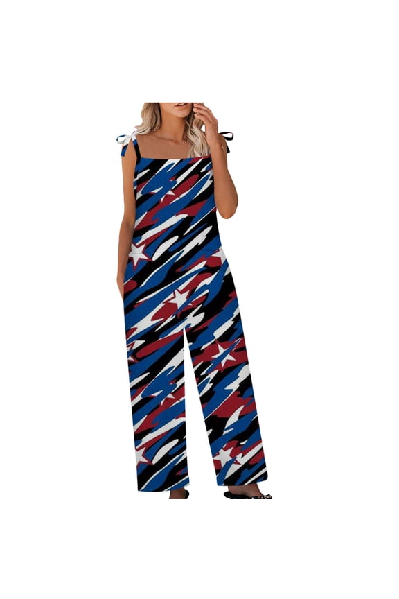 Dyegold Jumpsuits for Women Casual, Jumpsuit for Women Summer Loose Wide Leg Playsuit Independence Day USA Flag Square Neck Sleeveless Rompers Overalls Black_Friday