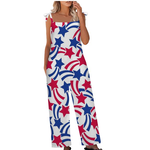 Dyegold Jumpsuits for Women Casual, Jumpsuit for Women Summer Loose Wide Leg Playsuit Independence Day USA Flag Square Neck Sleeveless Rompers Overalls