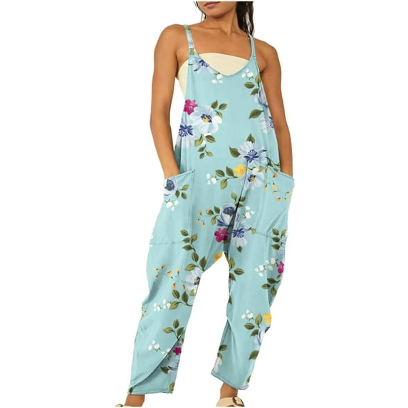Dyegold Jumpsuits for Women Casual, Jumpsuits for Women Casual Pocket Summer Fashion Trousers Floral Print One Piece V-Neck Sleeveless Rompers Trousers