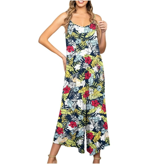 Dyegold Jumpsuits for Women Casual, Jumpsuits for Women Casual Summer Floral Print Overalls Long Pants Stretch Sleeveless ​Round Neck Rompers with Pockets Black_Friday