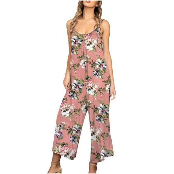 Dyegold Jumpsuits for Women Casual, Jumpsuits for Women Casual Summer Floral Print Overalls Long Pants Stretch Sleeveless Round Neck Rompers with Pockets