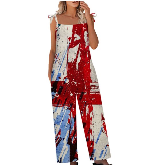 Dyegold Jumpsuits for Women Casual, Jumpsuits for Women Dressy Summer Loose Casual Trousers 4th of July Patriotic Square Neck Sleeveless Rompers Overall Black_Friday