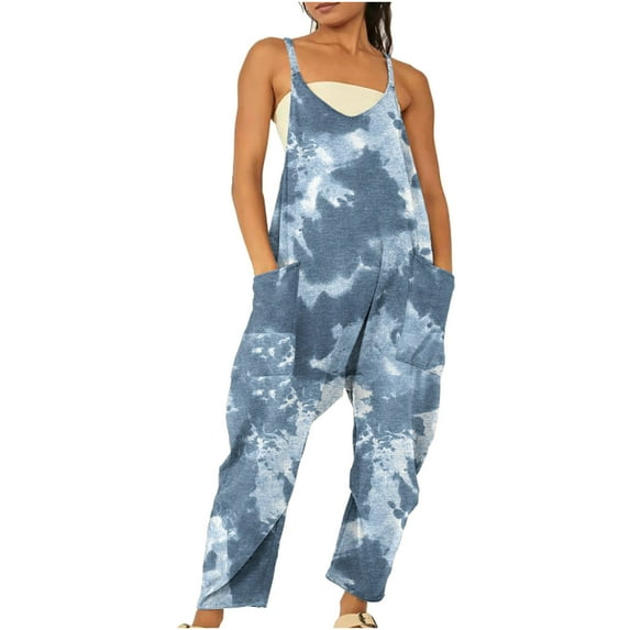 Dyegold Jumpsuits for Women Casual, Jumpsuits for Women Floral Print Summer Loose Casual Playsuit Long Pants Sleeveless V Neck Overall Romper with Pocket