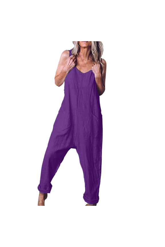Dyegold Jumpsuits for Women Casual, Jumpsuits Women Summer Plus Size Cotton Linen Boho Wide Leg Bib Pants Casual Loose Sleeveless V-Neck Overalls Rompers