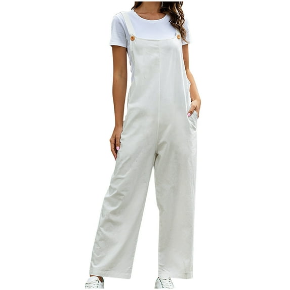 Dyegold Jumpsuits for Women Casual, Spaghetti Strap Jumpsuits for Women Linen Cotton Solid Color Button Loose Bib Overalls Sleeveless Square Neck Rompers