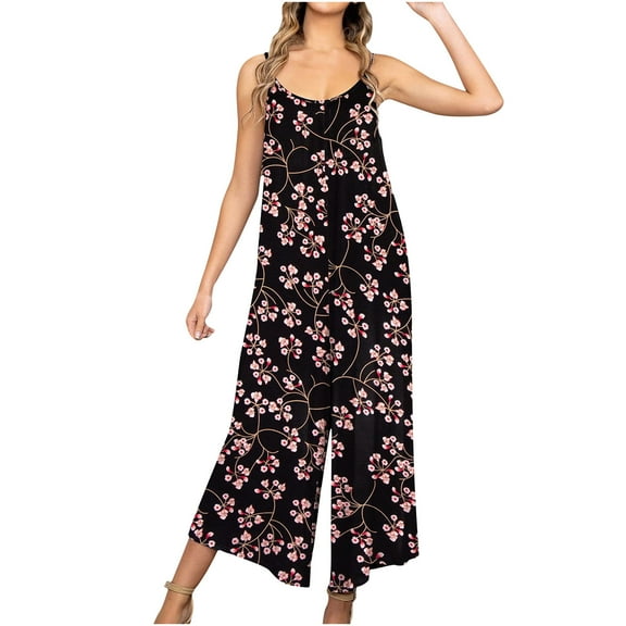 Dyegold Jumpsuits for Women Casual, Summer Jumpsuit for Women Casual Loose Spaghetti Strap Overalls Floral Print Round Neck Sleeveless Rompers Overalls Black_Friday