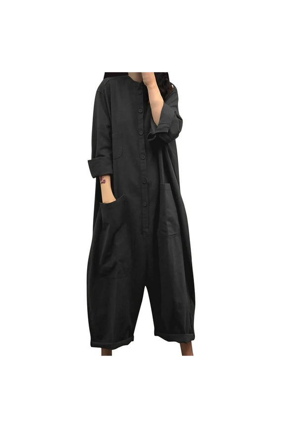 Dyegold Jumpsuits for Women Casual, Woman Jumpsuit Loose Casual Harem Long Trousers Button Down Solid Color Round Neck Sleeveless Rompers Overalls 2023 Black_Friday