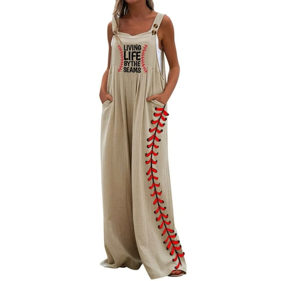 Dyegold Jumpsuits for Women Casual, Woman Jumpsuit Spaghetti Strap Baseball Print Fashion Comfy Summer Trousers Long Pants Sleeveless Square Neck Rompers