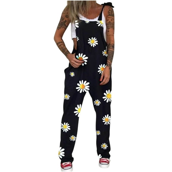 Dyegold Jumpsuits for Women Casual, Womans Jumpsuit Daisy Print Loose Adjustable Straps Casual Trousers Long Pants Summer Sleeveless ​Square Neck ​Rompers Black_Friday