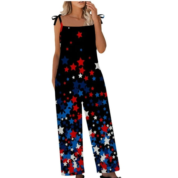 Dyegold Jumpsuits for Women Casual, Womens Jumpsuits USA Flag Patriotic Casual Wide Leg Playsuit Overalls Summer 4th July Sleeveless Square Neck Rompers