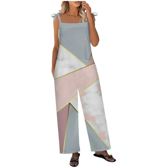 Dyegold Jumpsuits for Women Casual, Womens Rompers And Jumpsuits Geometric Print Color Block Casual Summer Bibs Long Pants Sleeveless Square Neck Rompers