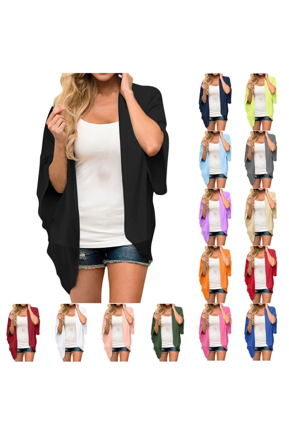Dyegold Kimonos For Women Boho Fall Fashion 2023 Open Front Cardigans Tops Casual Chiffon Lightweight 3/4 Sleeve Coverups