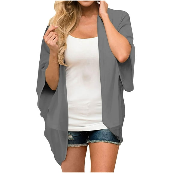 Dyegold Kimonos For Women Boho Fall Fashion 2023 Open Front Cardigans Tops Casual Chiffon Lightweight 3/4 Sleeve Coverups