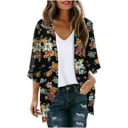 PIMELU Dyegold Women's Beach Kimono Coverup Sheer Chiffon Cover Ups Casual Loose 3/4 Sleeve Floral Open Front Boho Cardigan Tops