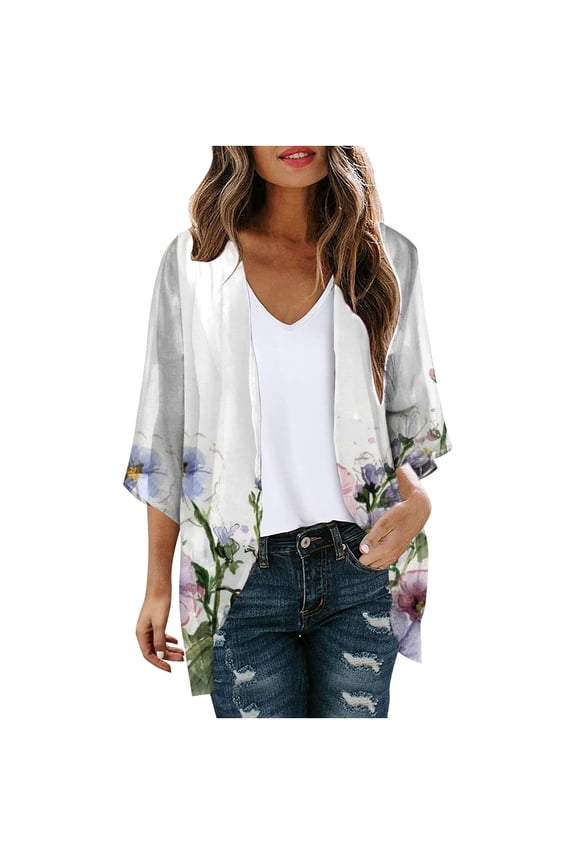 Kimonos For Women Boho Floral Print Lightweight Cardigans 3/4 Sleeve Open Front Summer Beach Plus Size Cover Ups Top