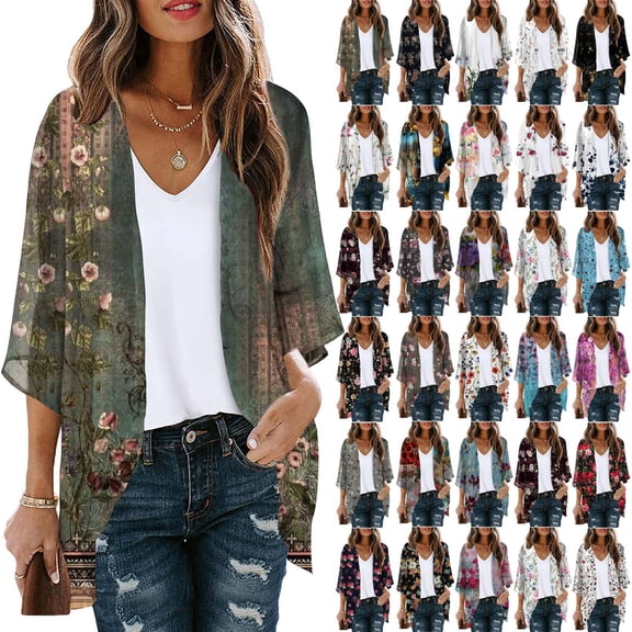 Dyegold Kimonos For Women Boho Floral Print Lightweight Cardigans 3/4 Sleeve Open Front Summer Beach Plus Size Cover Ups Top