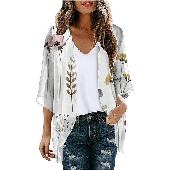 Dyegold Kimonos For Women Boho Floral Print Lightweight Cardigans 3/4 Sleeve Open Front Summer Beach Plus Size Cover Ups Top