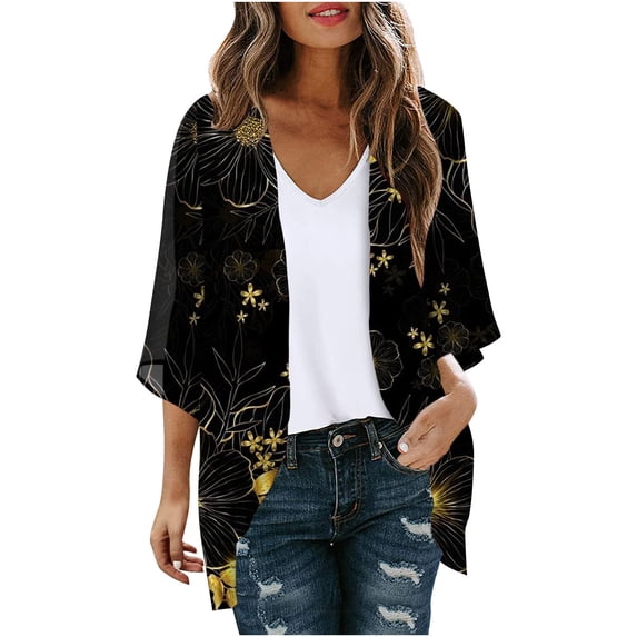 Dyegold Kimonos For Women Boho Floral Print Lightweight Cardigans 3/4 Sleeve Open Front Summer Beach Plus Size Cover Ups Top