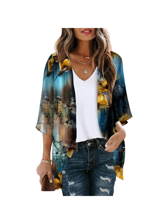 Dyegold Kimonos For Women Boho Floral Print Lightweight Cardigans 3/4 Sleeve Open Front Summer Beach Plus Size Cover Ups Top