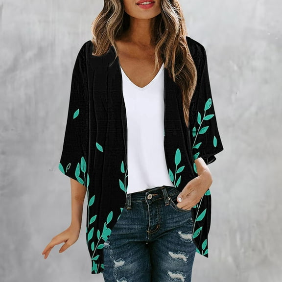 Dyegold Kimonos For Women Boho Floral Print Lightweight Cardigans 3/4 Sleeve Open Front Summer Beach Plus Size Cover Ups Top