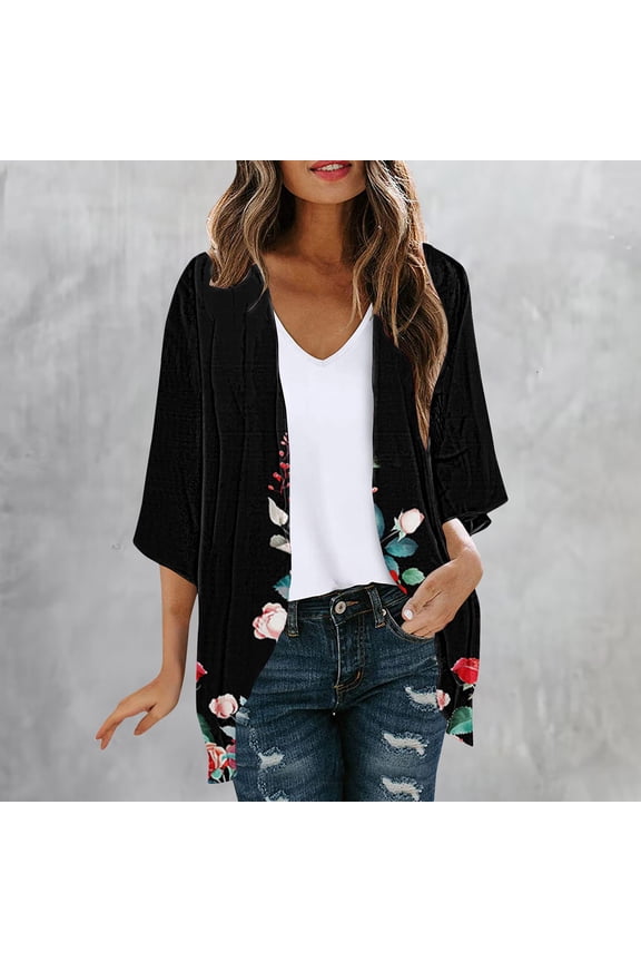 Dyegold Kimonos For Women Boho Floral Print Lightweight Cardigans 3/4 Sleeve Open Front Summer Beach Plus Size Cover Ups Top