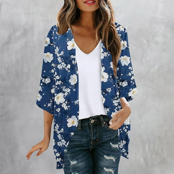 Dyegold Kimonos For Women Boho Floral Print Lightweight Cardigans 3/4 Sleeve Open Front Summer Beach Plus Size Cover Ups Top