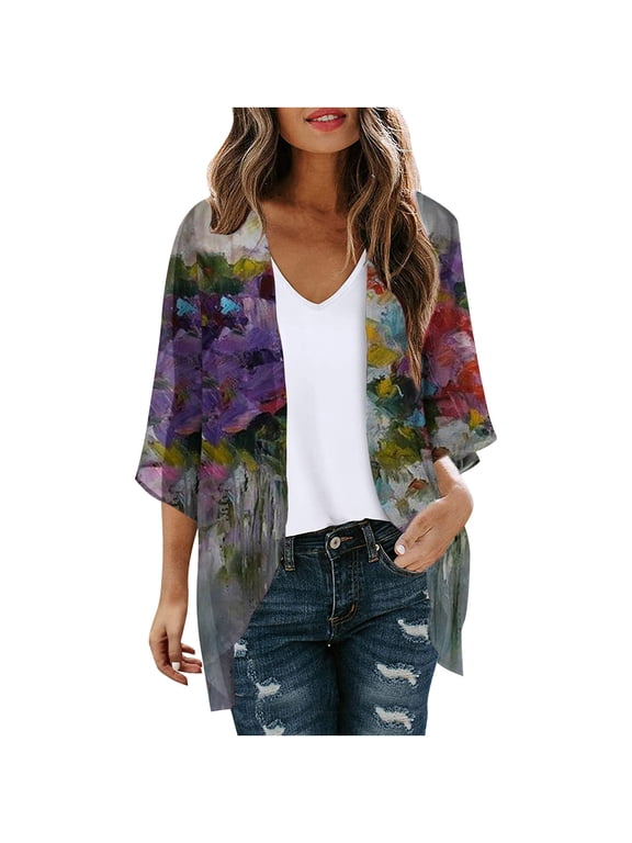 Dyegold Women's Beach Kimono Coverup Sheer Chiffon Cover Ups Casual Loose 3/4 Sleeve Floral Open Front Boho Cardigan Tops