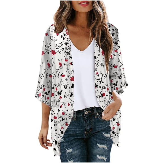 Dyegold Kimonos For Women Boho Floral Print Lightweight Cardigans 3/4 Sleeve Open Front Summer Beach Plus Size Cover Ups Top