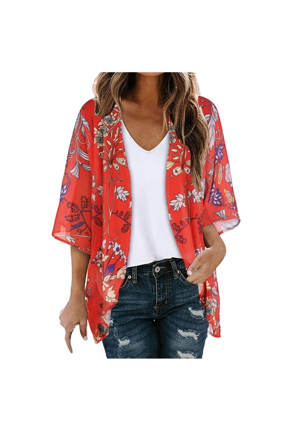 Dyegold Kimonos For Women Summer Casual Open Front Floral Flowy Cardigans Lightweight Loose Chiffon Cover Up Blouse Tops