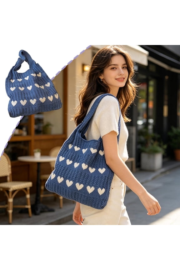 Knitted Heart-Patterned Tote Bag Concise Stylish Woven Bag Large-Capacity Shoulder Bag for Women Daily Shopping 14.57 in