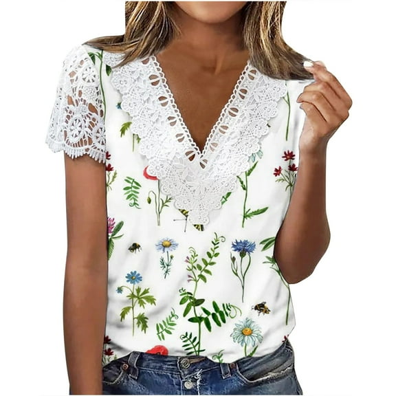 Dyegold Lace Tops For Women Short Sleeve V Neck Floral Printed Summer Loose Blouses Dressy Casual Cute Tunics Tops Shirts