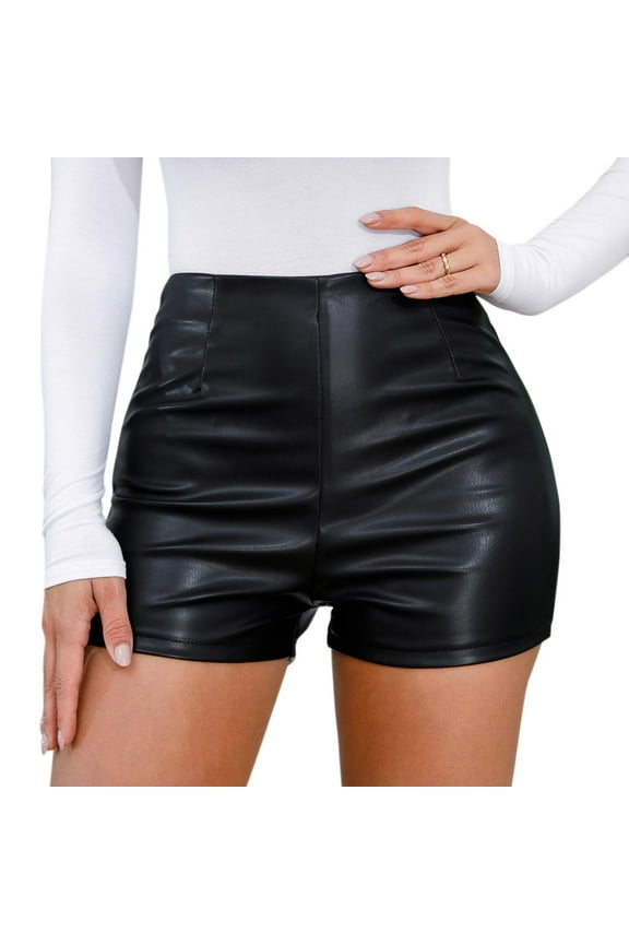 Dyegold Leather Shorts For Women Summer Casual High Waisted Black PU Leather Stretchy Sexy Hot Pants Faux Leather Shorts