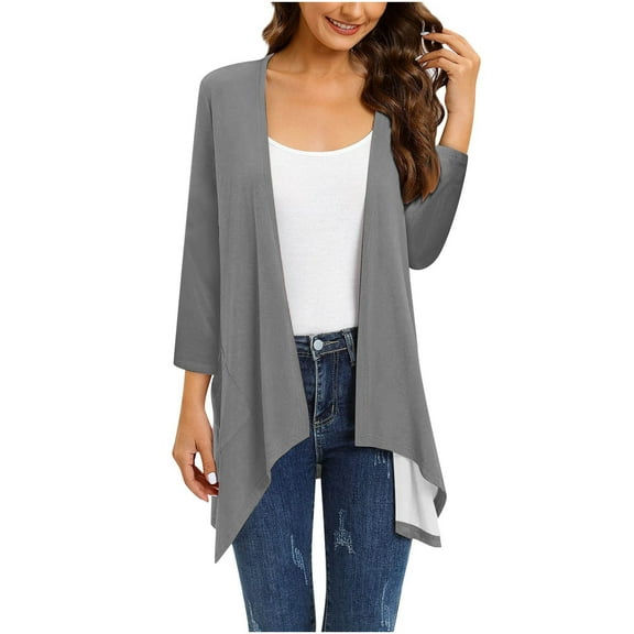 Dyegold Lightweight Cardigans For Women Fall Fashion 3/4 Sleeves Thin Jackets Casual Open Front High Low Hem Kimono Cardigan