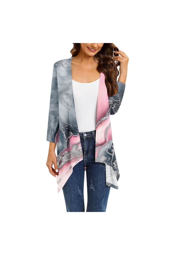 Dyegold Lightweight Cardigans For Women Fall Fashion 3/4 Sleeves Thin Jackets Casual Open Front High Low Hem Kimono Cardigan