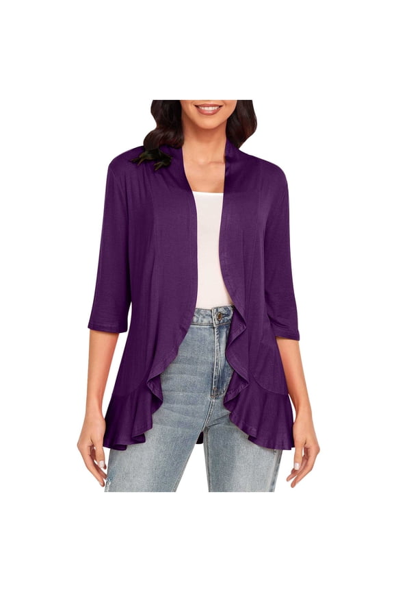 Dyegold Lightweight Cardigans For Women Open Front 3/4 Sleeve Sweater Jackets Casual Draped Ruffles Shrug Fall Cardigans