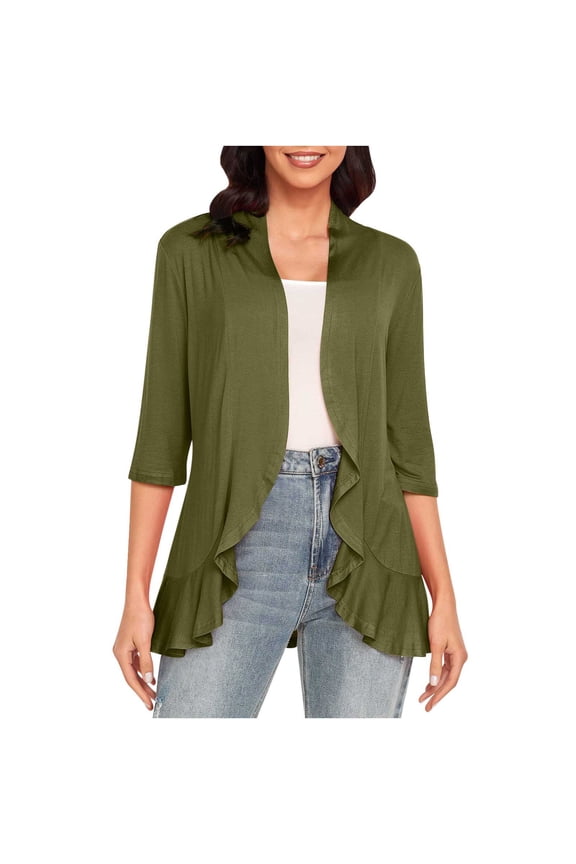 Dyegold Lightweight Cardigans For Women Open Front 3/4 Sleeve Sweater Jackets Casual Draped Ruffles Shrug Fall Cardigans