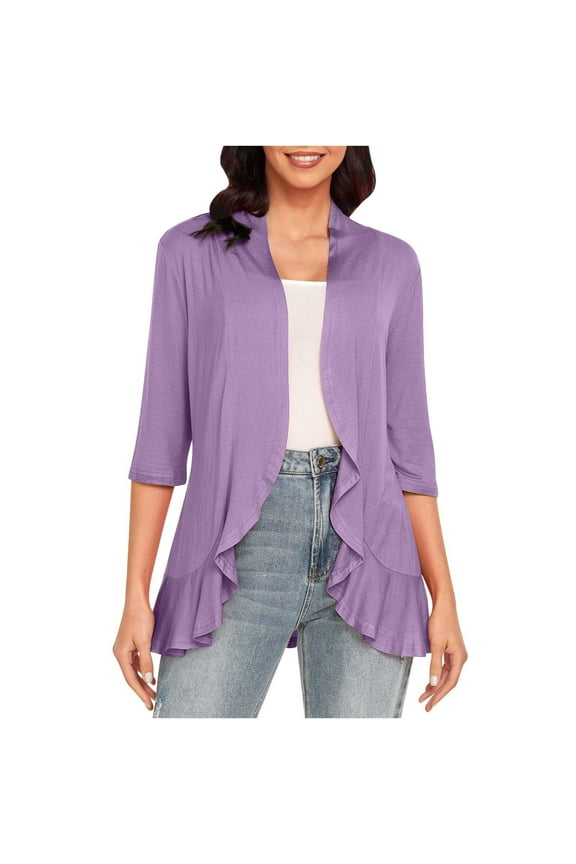 Dyegold Lightweight Cardigans For Women Open Front 3/4 Sleeve Sweater Jackets Casual Draped Ruffles Shrug Fall Cardigans