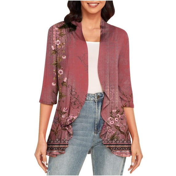 Dyegold Lightweight Cardigans For Women Open Front 3/4 Sleeve Sweater Jackets Casual Draped Ruffles Shrug Fall Cardigans