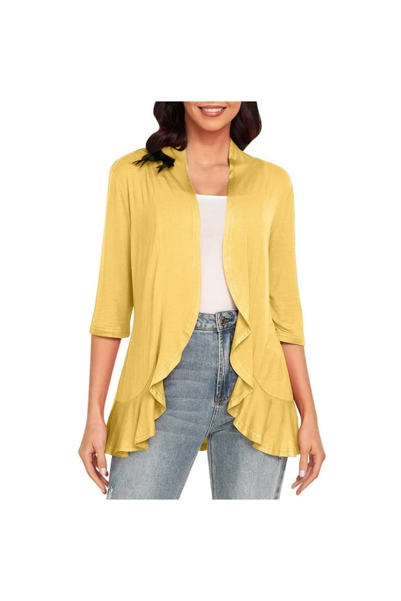 Dyegold Lightweight Cardigans For Women Open Front 3/4 Sleeve Sweater Jackets Casual Draped Ruffles Shrug Fall Cardigans
