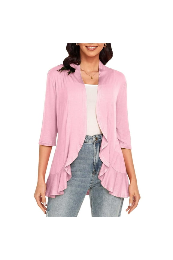 Dyegold Lightweight Cardigans For Women Open Front 3/4 Sleeve Sweater Jackets Casual Draped Ruffles Shrug Fall Cardigans