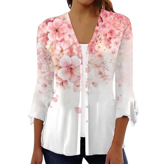 Dyegold Lightweight Cardigans For Women Summer Casual Open Front 3/4 Sleeve Cardigans Plus Size Button Up Floral Kimonos Top