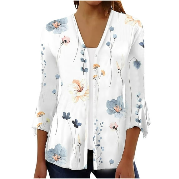 Dyegold Lightweight Cardigans For Women Summer Casual Open Front 3/4 Sleeve Cardigans Plus Size Button Up Floral Kimonos Top